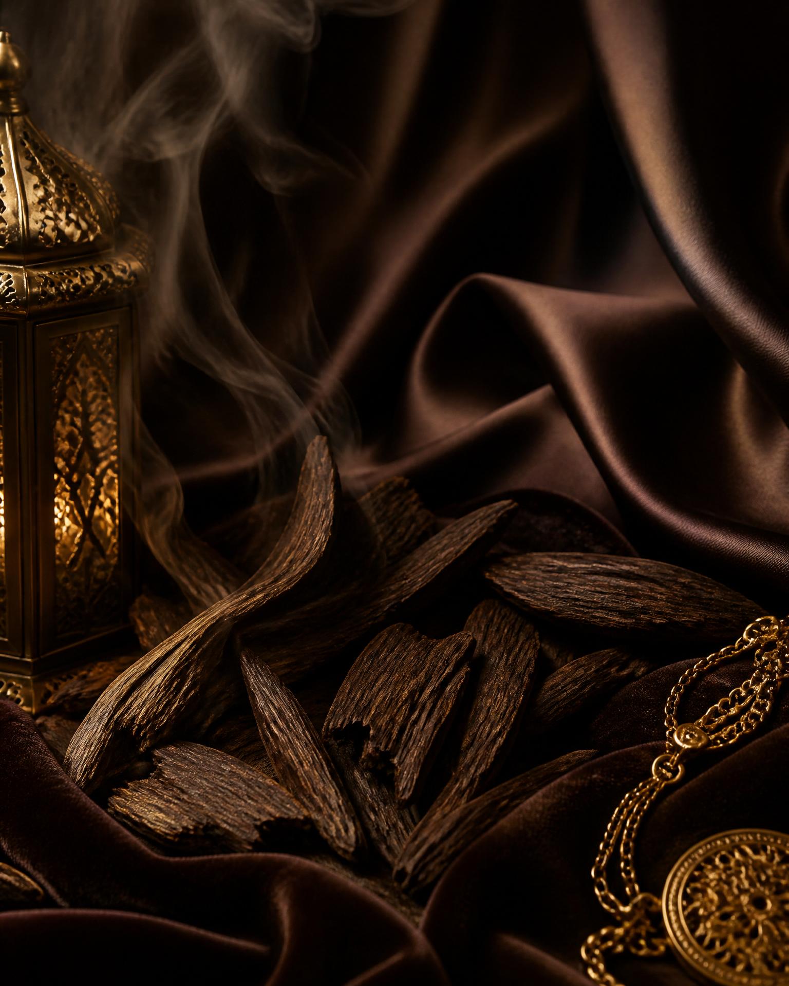 Espresso silk and velvet with oud wood chips, curling incense smoke, an antique gold Arabian lantern and delicate gold chain in warm lamplight