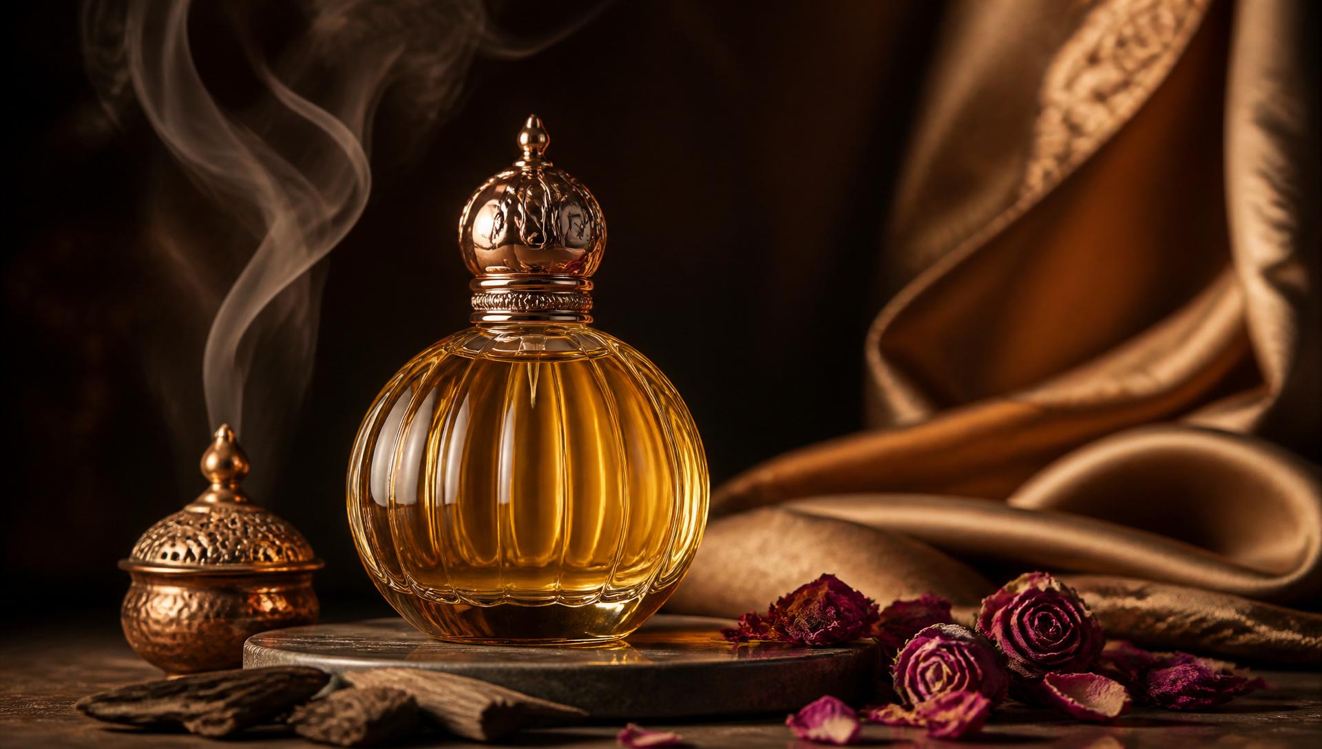 Arabian perfumery still life — amber glass, oud smoke, rose petals and silk