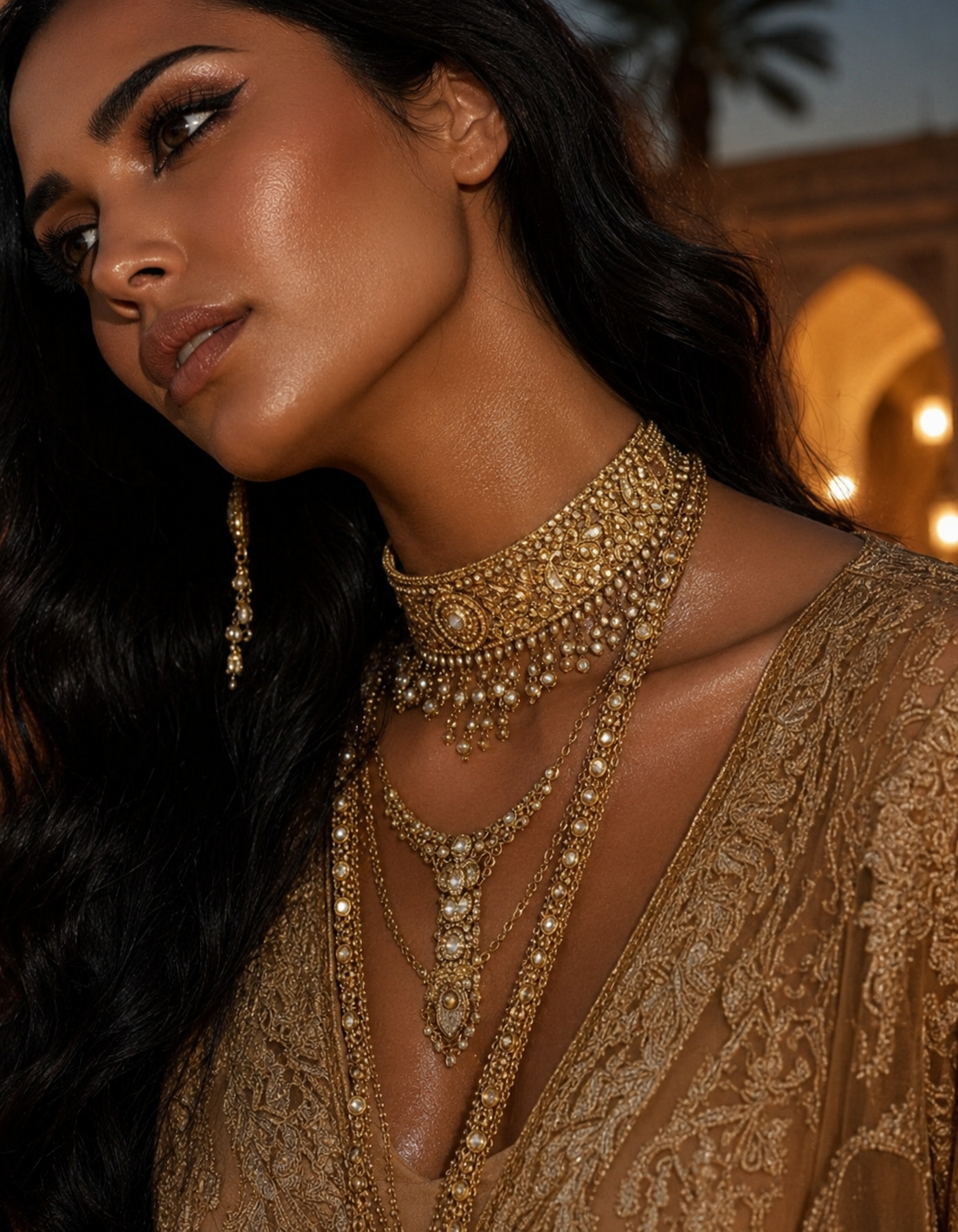 Editorial portrait of the Malikat Jamal muse in warm evening light, adorned with intricate gold jewellery